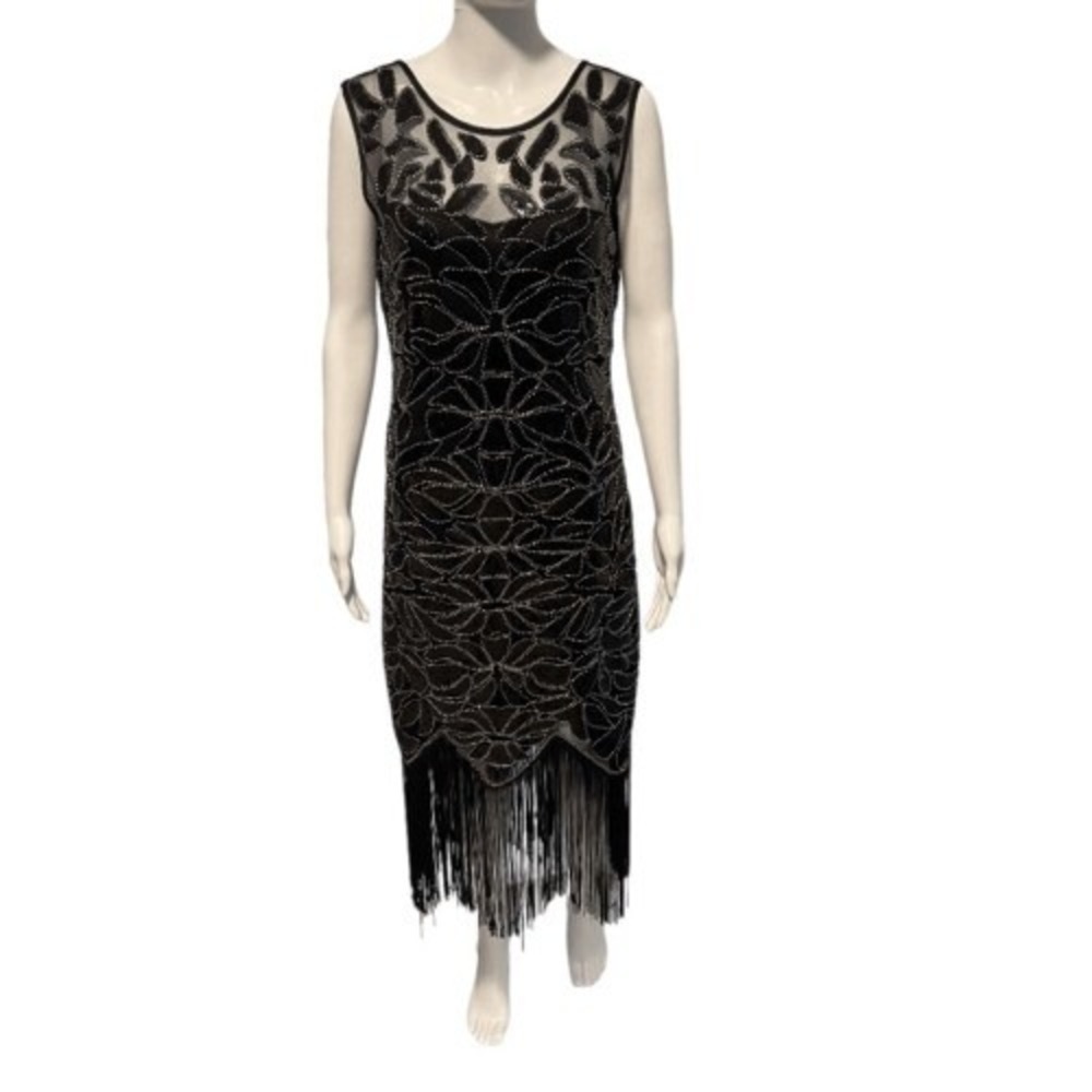 Black‎ Beaded Fringe Flapper Cocktail Dress M